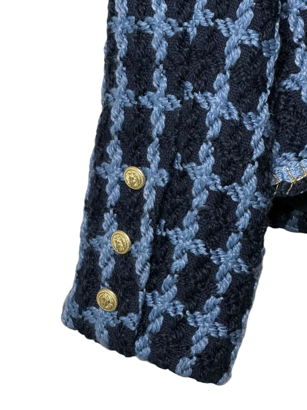 Nanette Lepore Windowpane Blue Tweed Bouclé Jacket Gold Buttons Medium - Picture 6 of 10